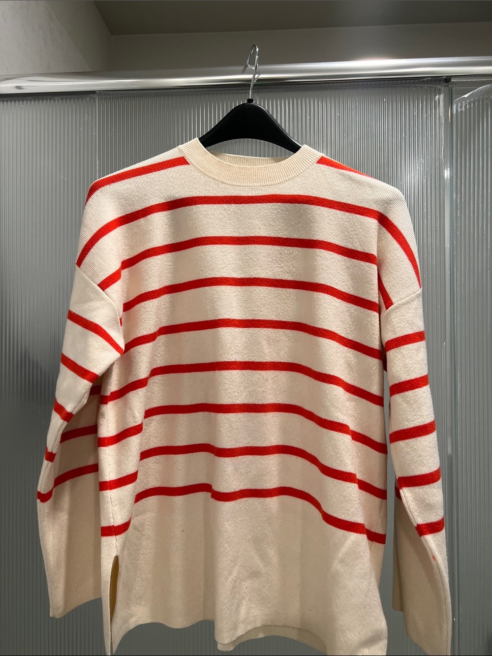 Zara Cream Crewneck Sweater with Red Stripes